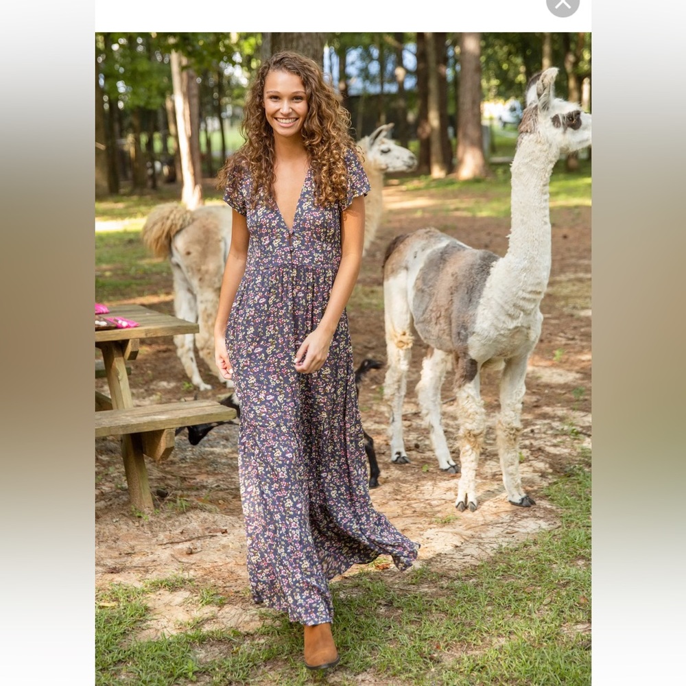 Natural Life Evangeline Maxi Dress - grey background with floral print.